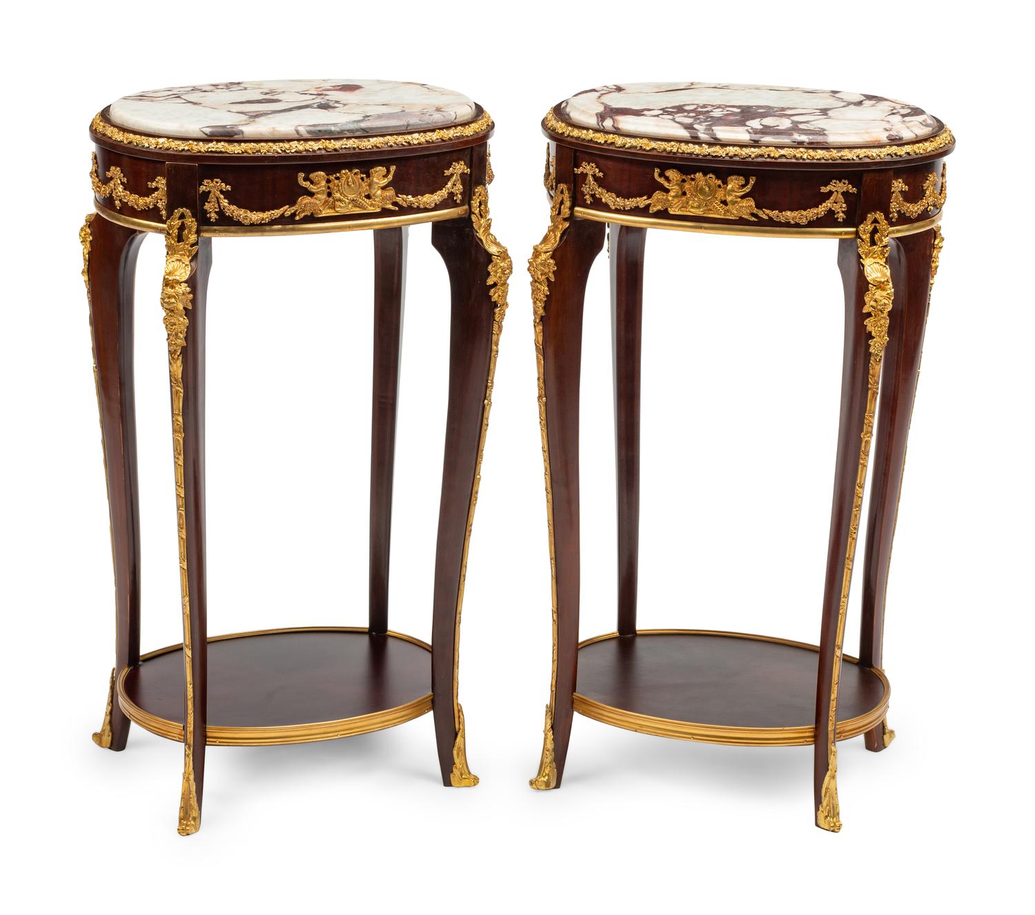 A Pair of Louis XV Style Gilt Bronze Mounted Marble-Top Side Tables