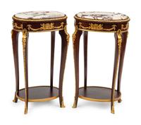 A Pair of Louis XV Style Gilt Bronze Mounted Marble-Top Side Tables