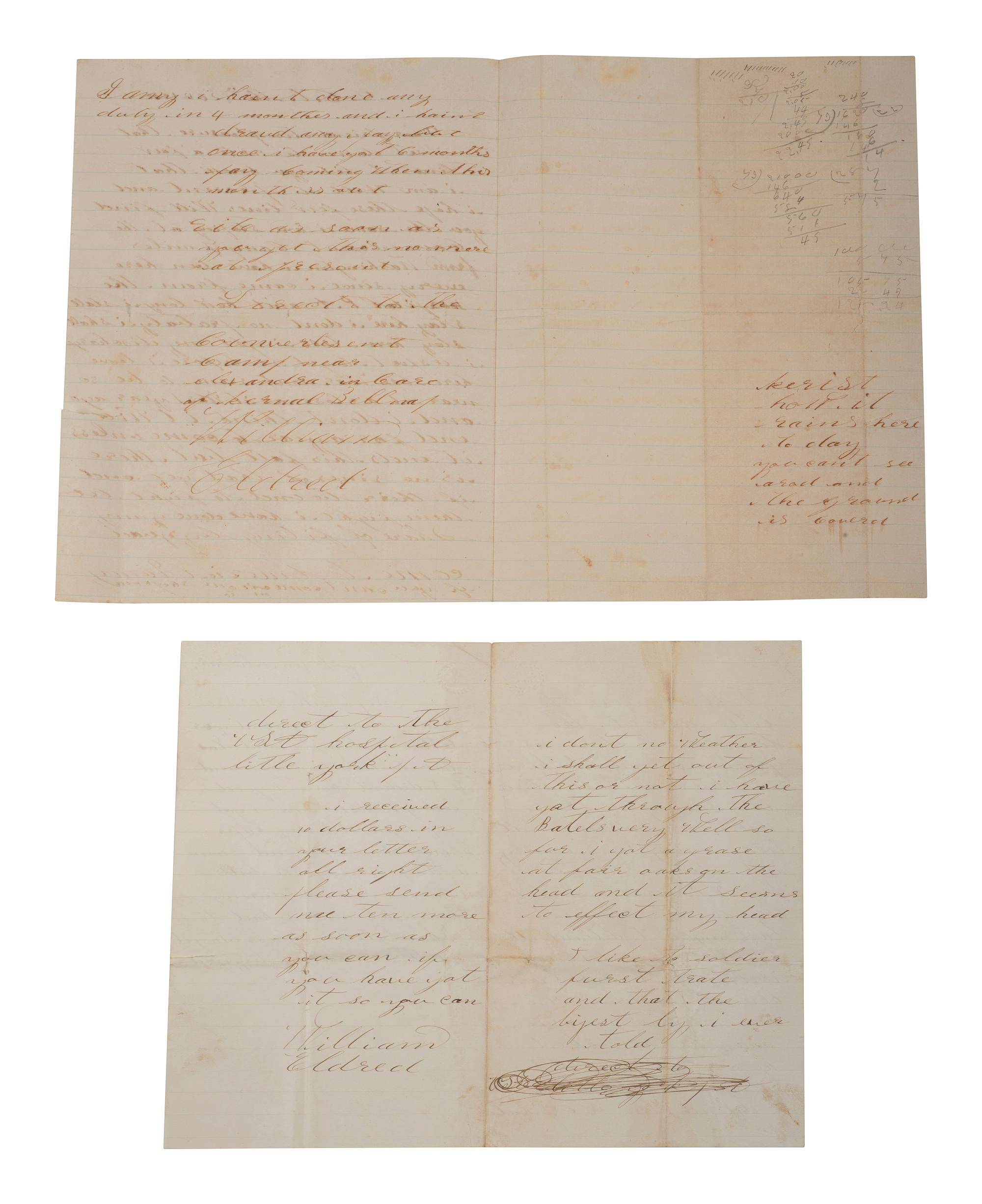 Private William Eldred, 5th Michigan Infantry Regiment. 2 autographed letters highlighted by description of a sexual encounter, 1862.