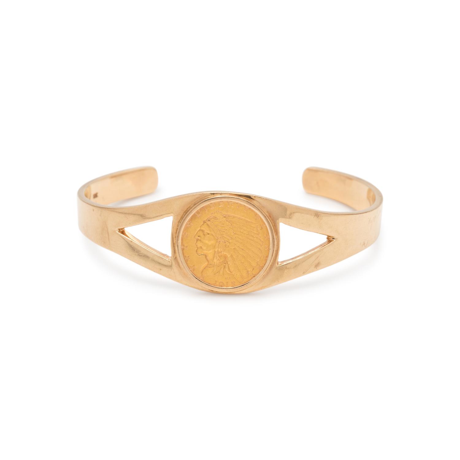 YELLOW GOLD AND US $2.50 LIBERTY COIN CUFF BRACELET