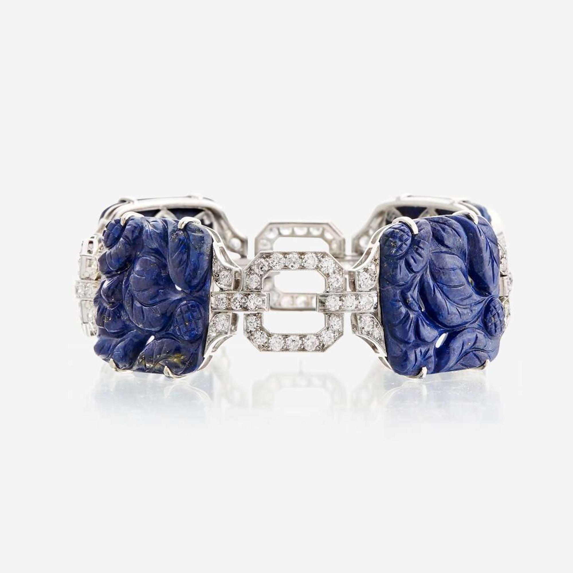A lapis lazuli, diamond, and eighteen karat white gold bracelet