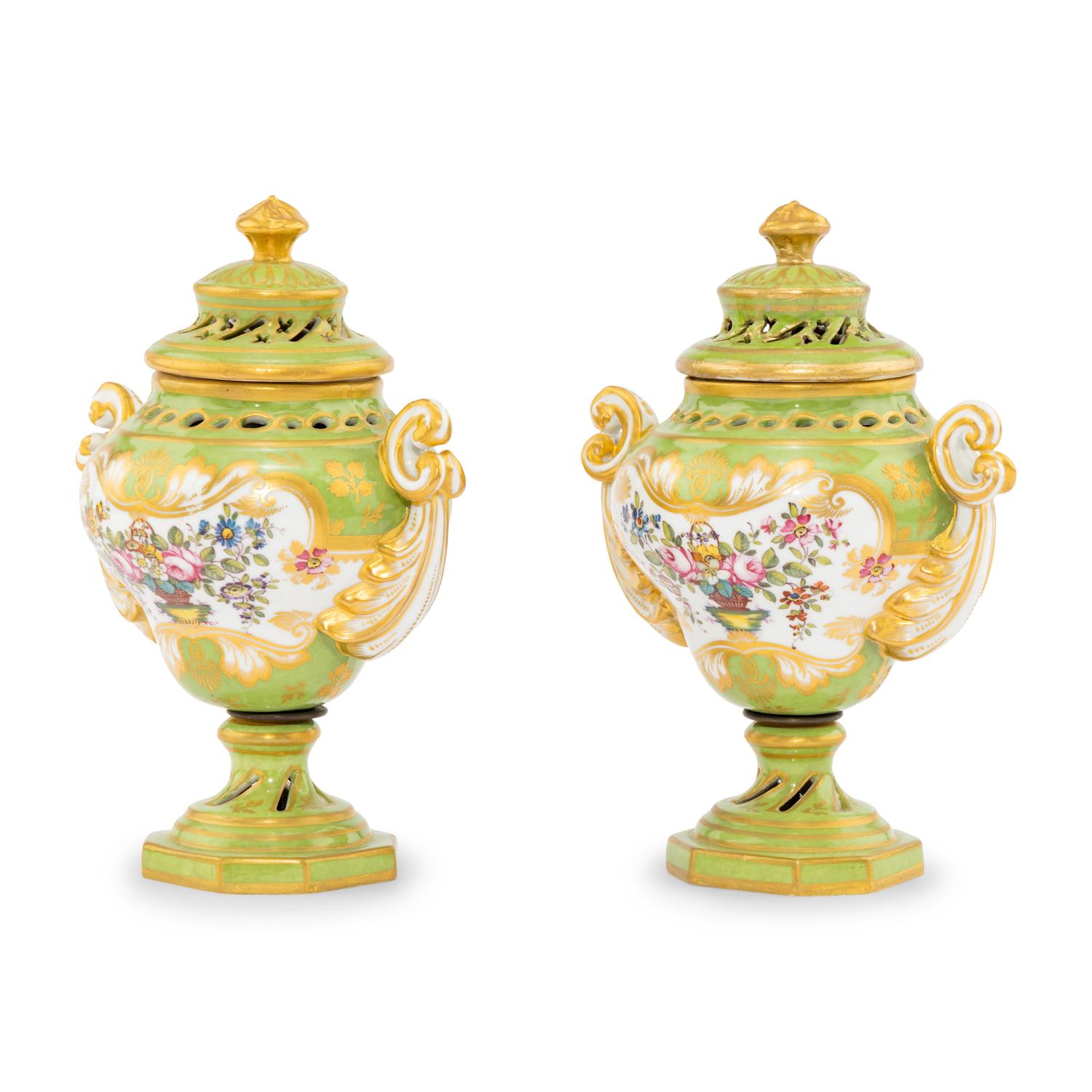 A Pair of Rockingham Porcelain Potpourri Urns