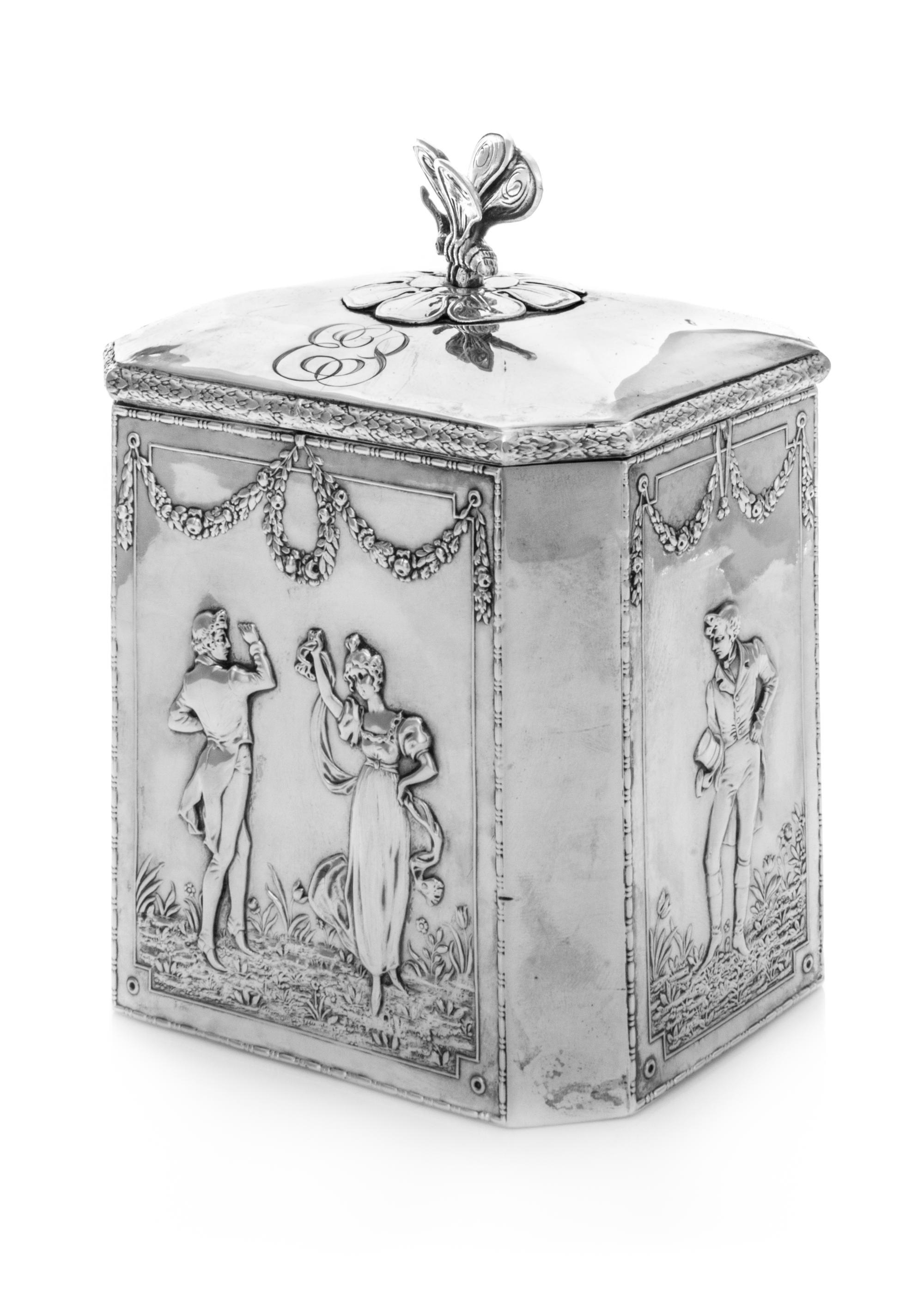 A German Silver Tea Caddy, B. Neresheimer & Sohne, Hanau, Late 19th/Early 20th Century, of rectangular form with canted corners, the bu