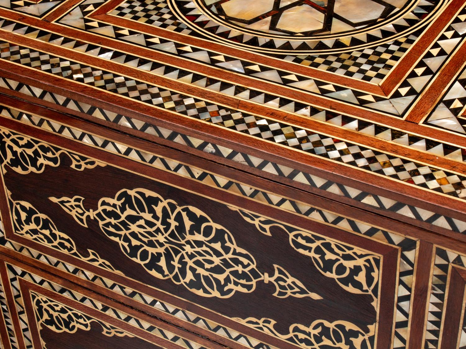 A Pair of Levantine Bone and Mother-of-Pearl Inlaid Marquetry Commodes