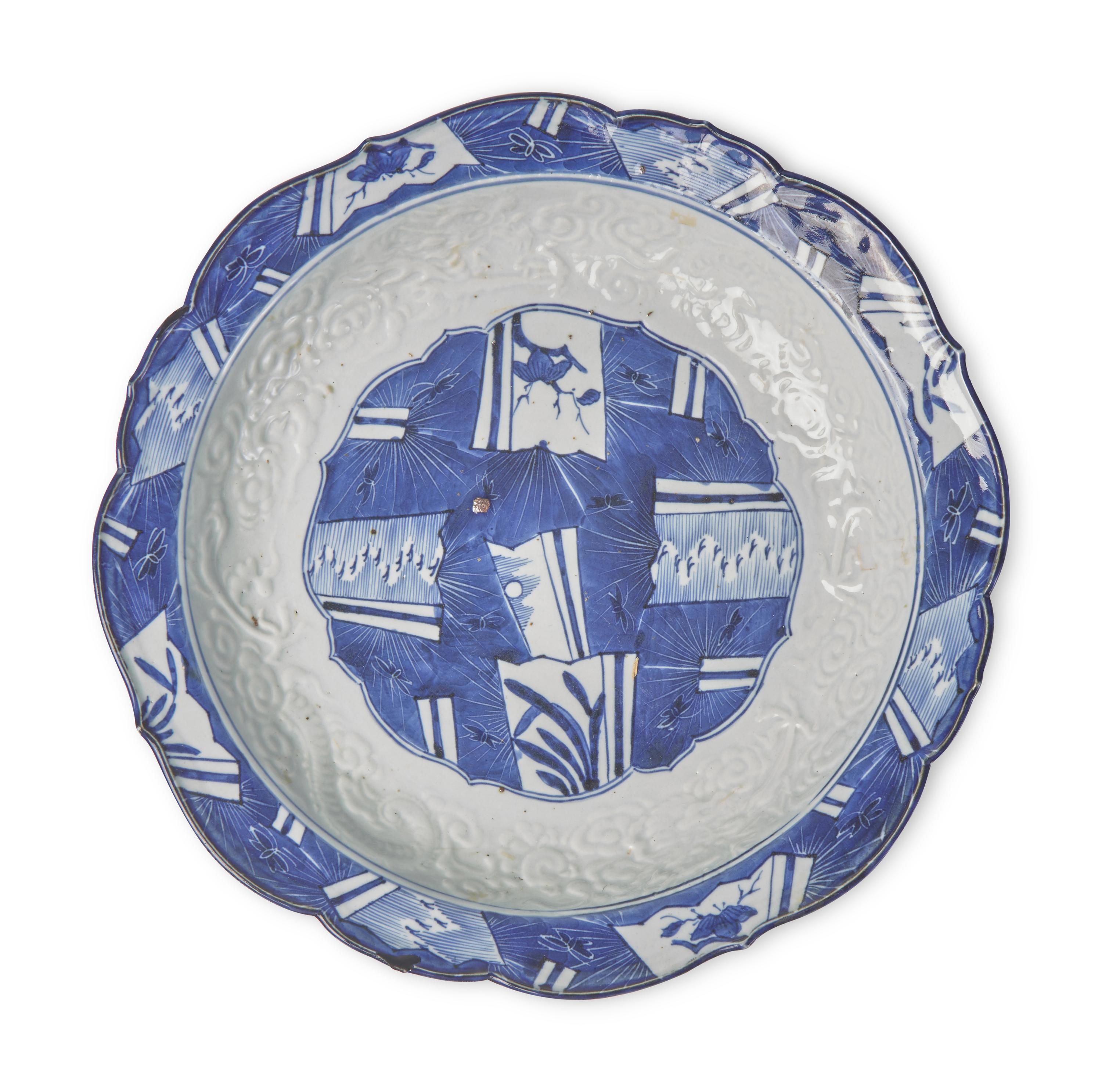 A Large Japanese Blue and White Molded Porcelain Deep Dish, Late 18th/19th Century