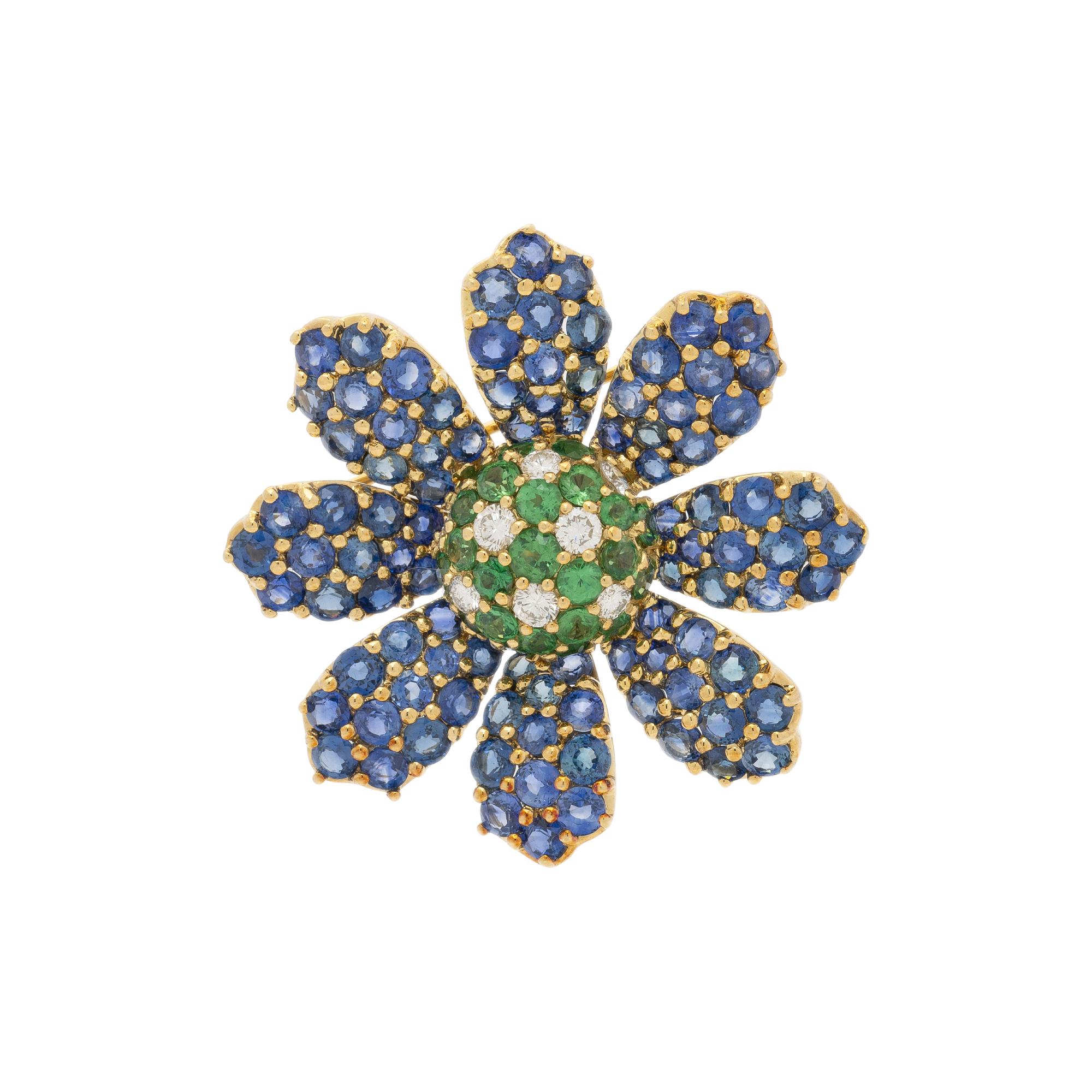 JEAN VITAU, SAPPHIRE, GARNET, AND DIAMOND FLOWER PIN