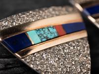 Tufa Cast Shield Clip Earrings with Inlay and 14K Gold Accents