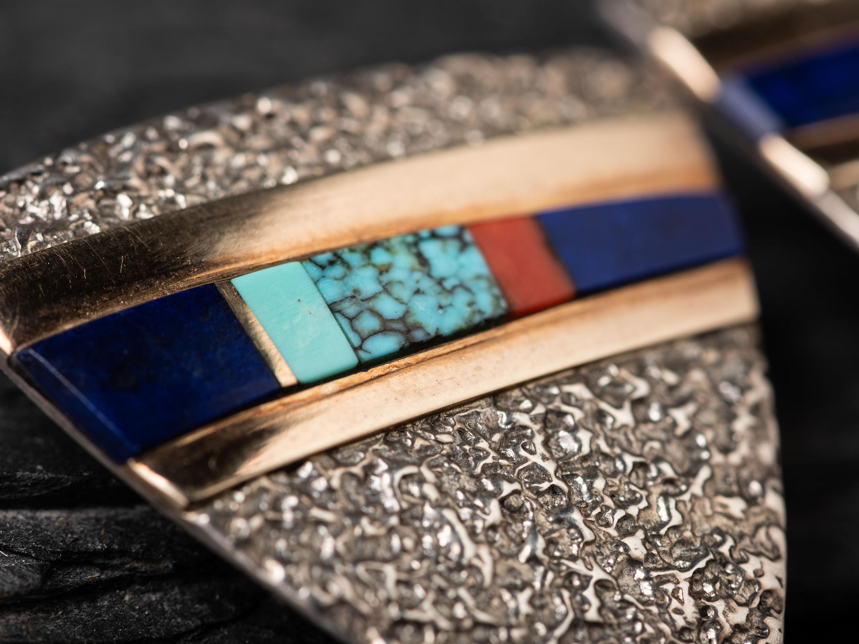 Tufa Cast Shield Clip Earrings with Inlay and 14K Gold Accents