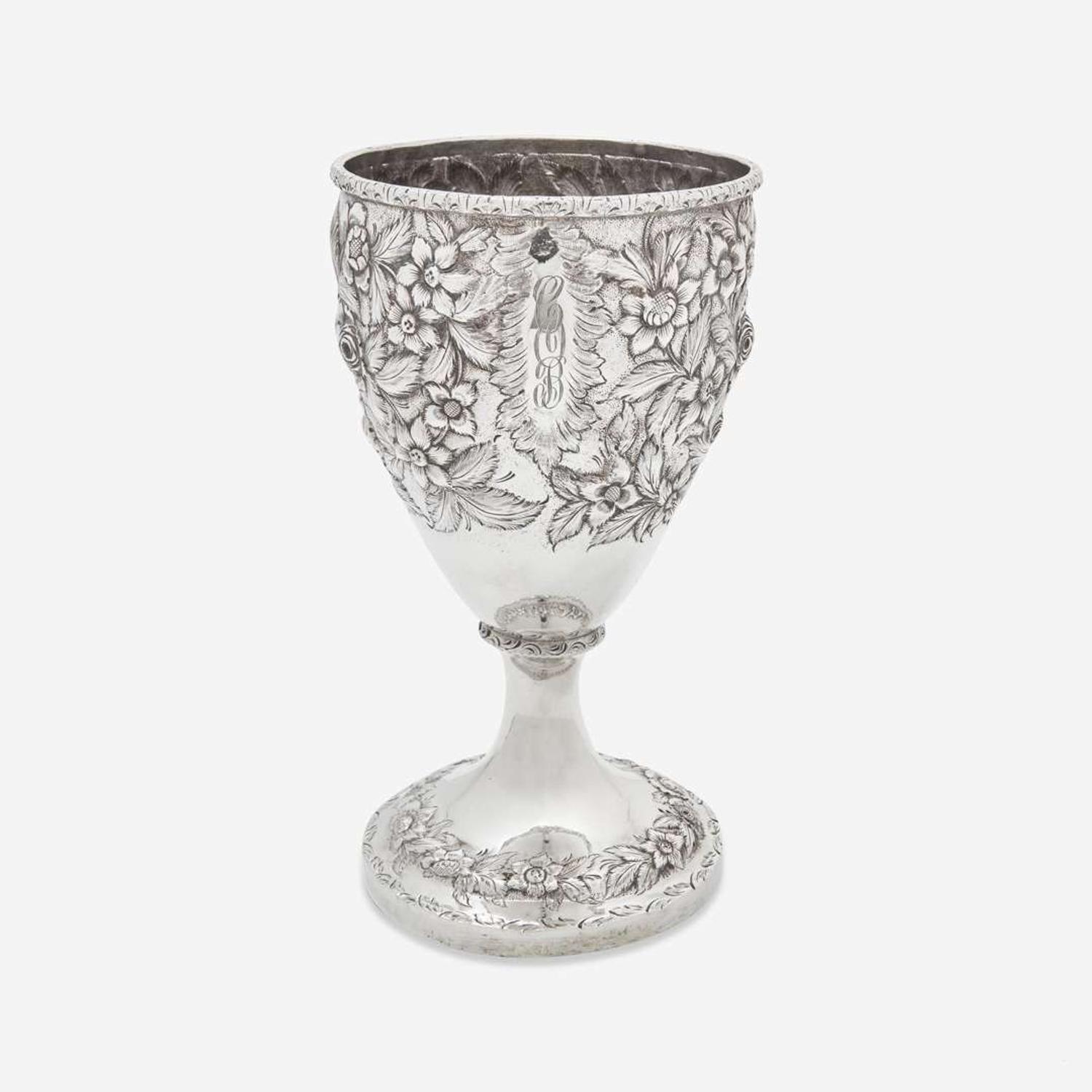 A coin silver floral repoussé vase William and Archibald Cooper, Cincinnati, OH (active 1836-1837) and Louisville, KY (active 1837-1846), circa 1840