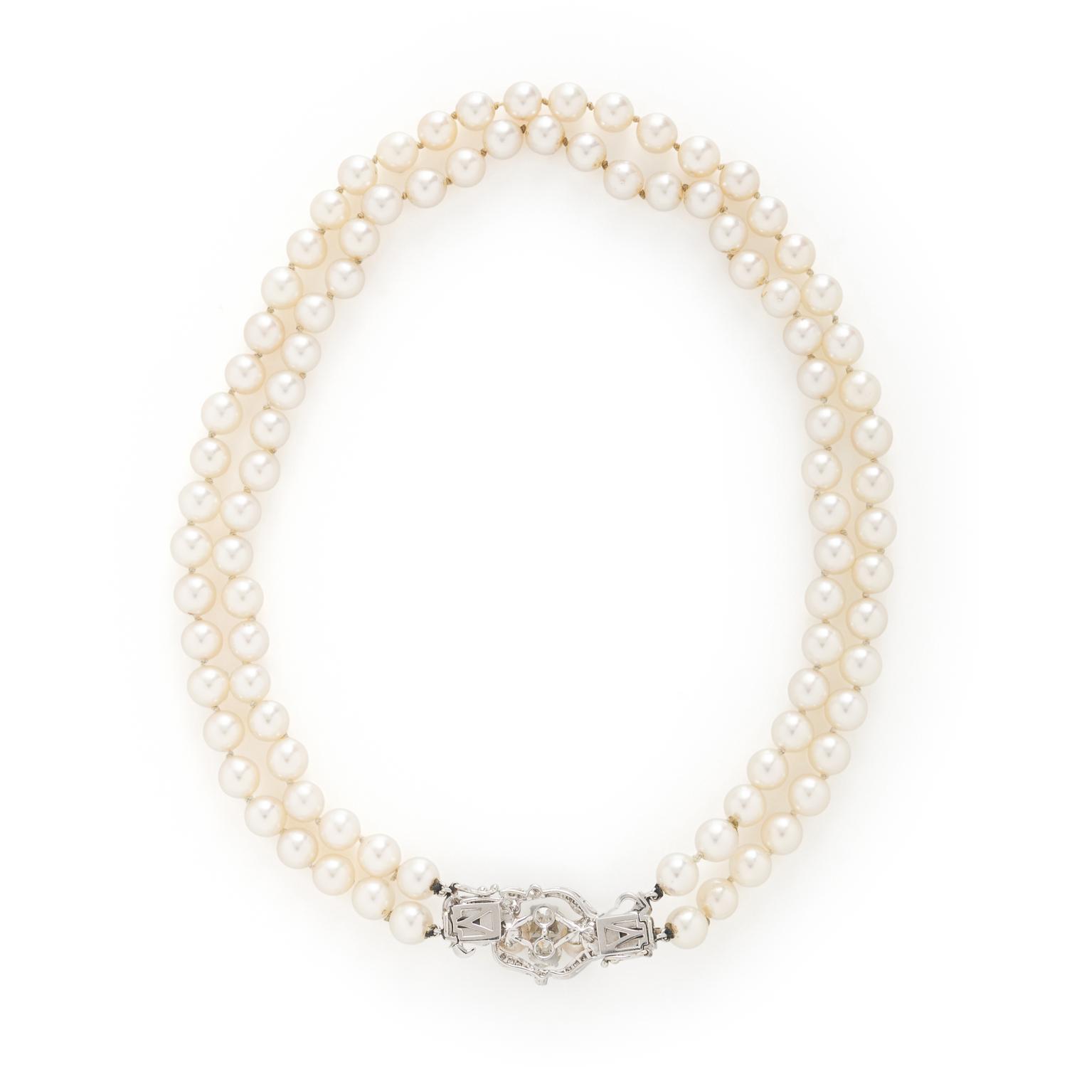 DOUBLE STRAND CULTURED PEARL AND DIAMOND NECKLACE