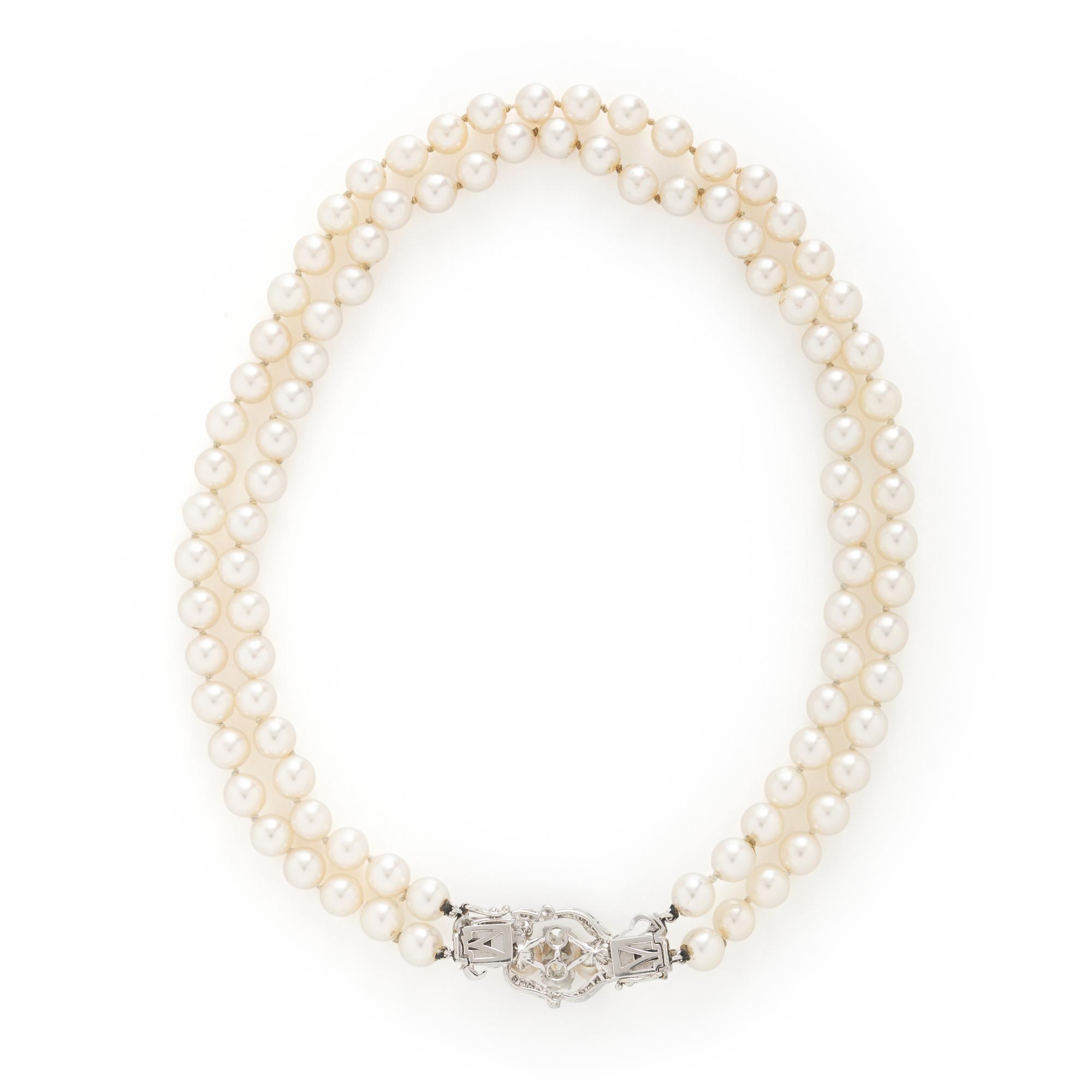 DOUBLE STRAND CULTURED PEARL AND DIAMOND NECKLACE