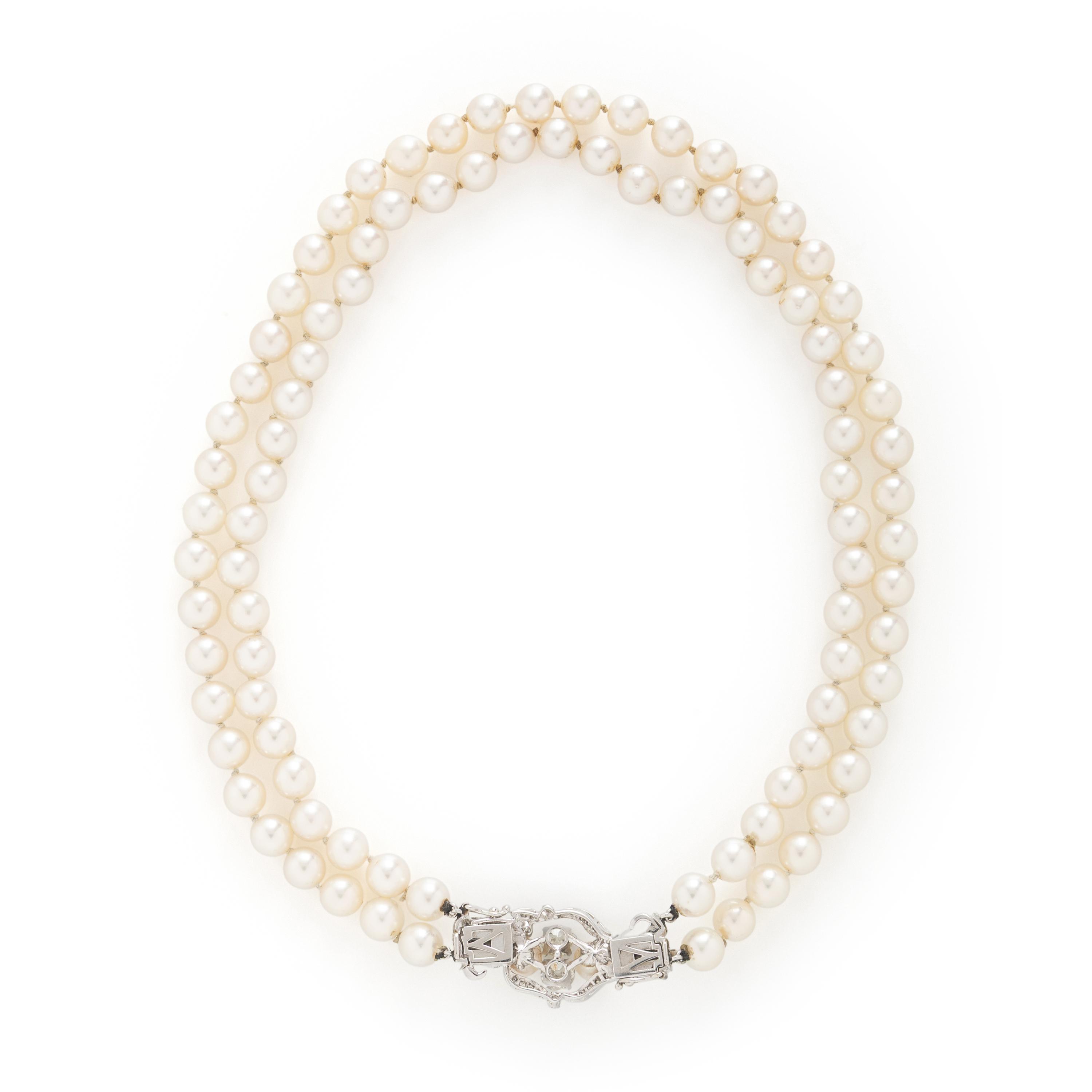 DOUBLE STRAND CULTURED PEARL AND DIAMOND NECKLACE
