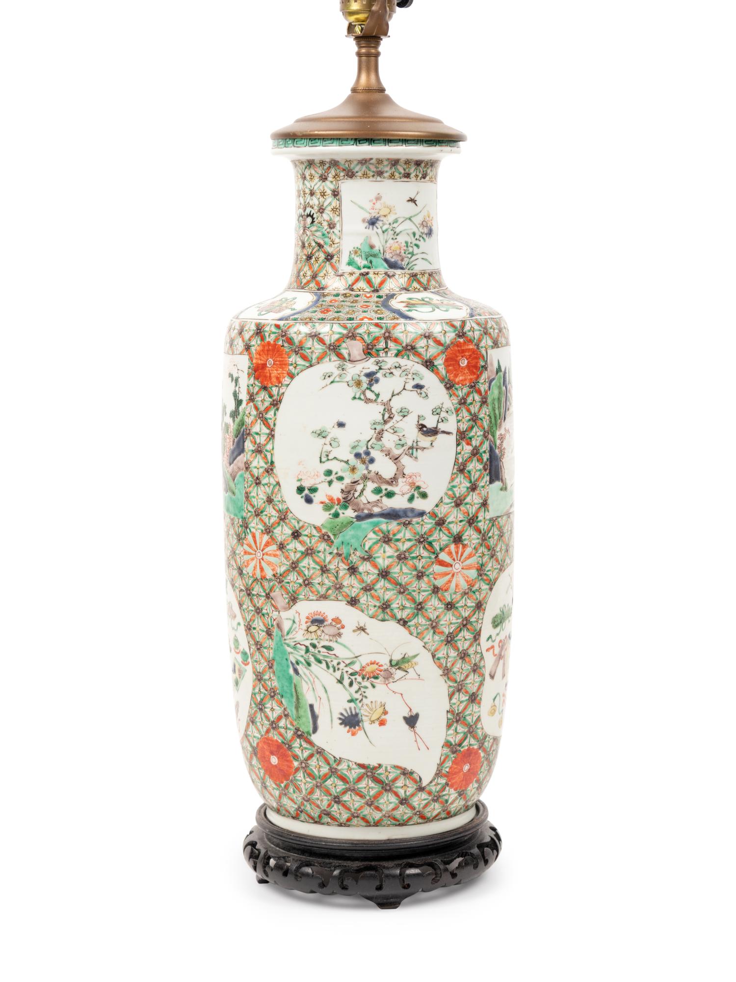 A Chinese Famille Verte Porcelain Rouleau Vase