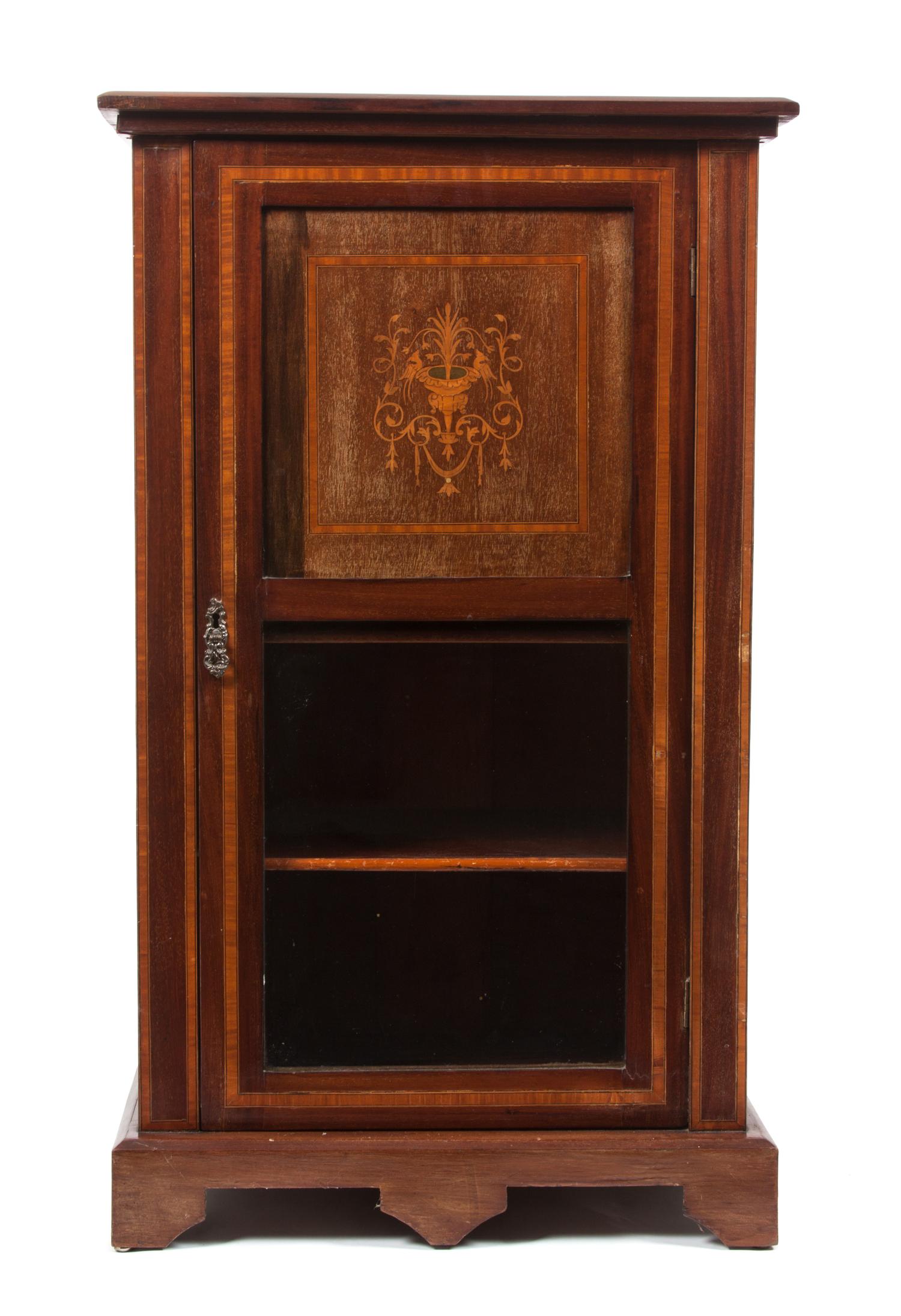An Edwardian Marquetry Mahogany Side Cabinet Height 37 x width 22 x depth 13 3/4 inches. — 20TH CENTURY