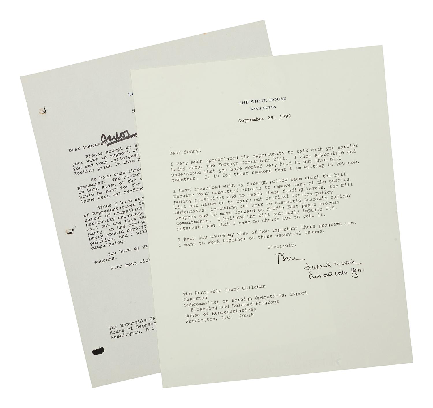 CLINTON, William Jefferson (b. 1946). Typed letter signed (“Bill Clinton”), with one holograph emendation, as United States President, to Carlos J. Moorhead. Washington D. C., 17 November 1993. 1 page, 8vo, on White House letterhead, three-hole punch.