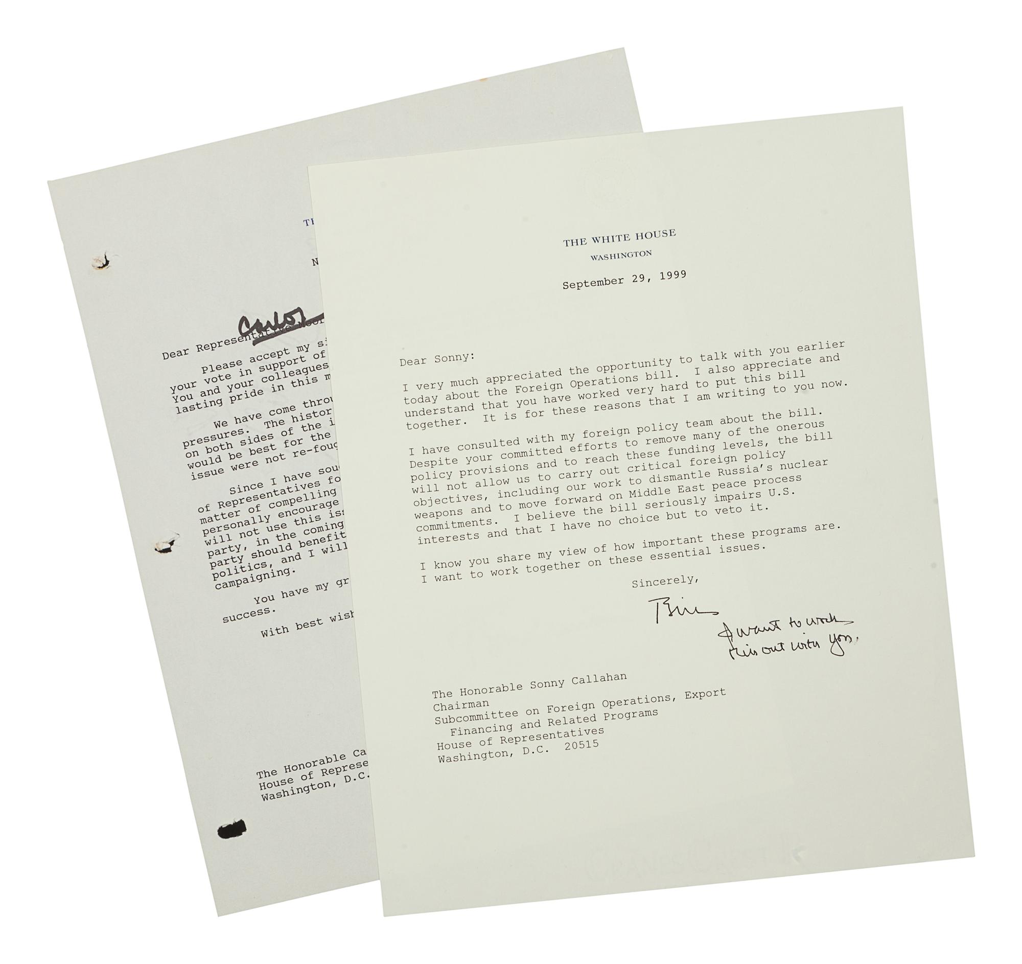 CLINTON, William Jefferson (b. 1946). Typed letter signed (“Bill Clinton”), with one holograph emendation, as United States President, to Carlos J. Moorhead. Washington D. C., 17 November 1993. 1 page, 8vo, on White House letterhead, three-hole punch.