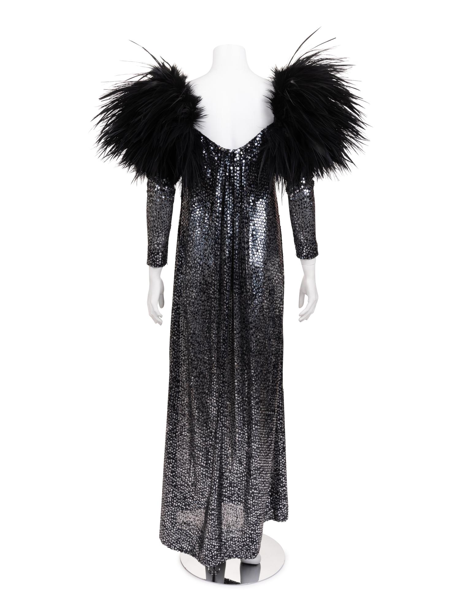 Unlabeled Sequined Dress with Feather Trim, 1970-90s
