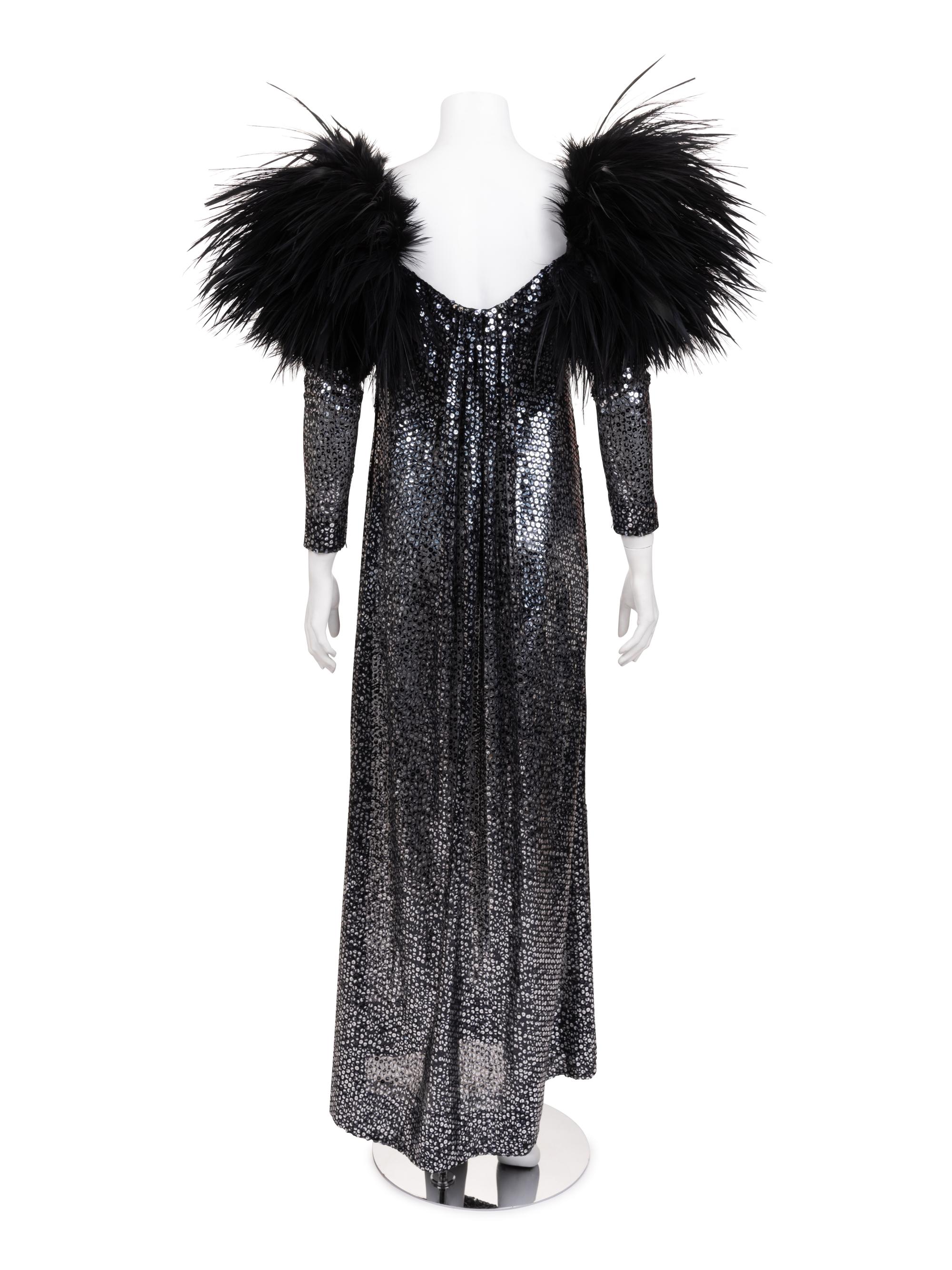 Unlabeled Sequined Dress with Feather Trim, 1970-90s