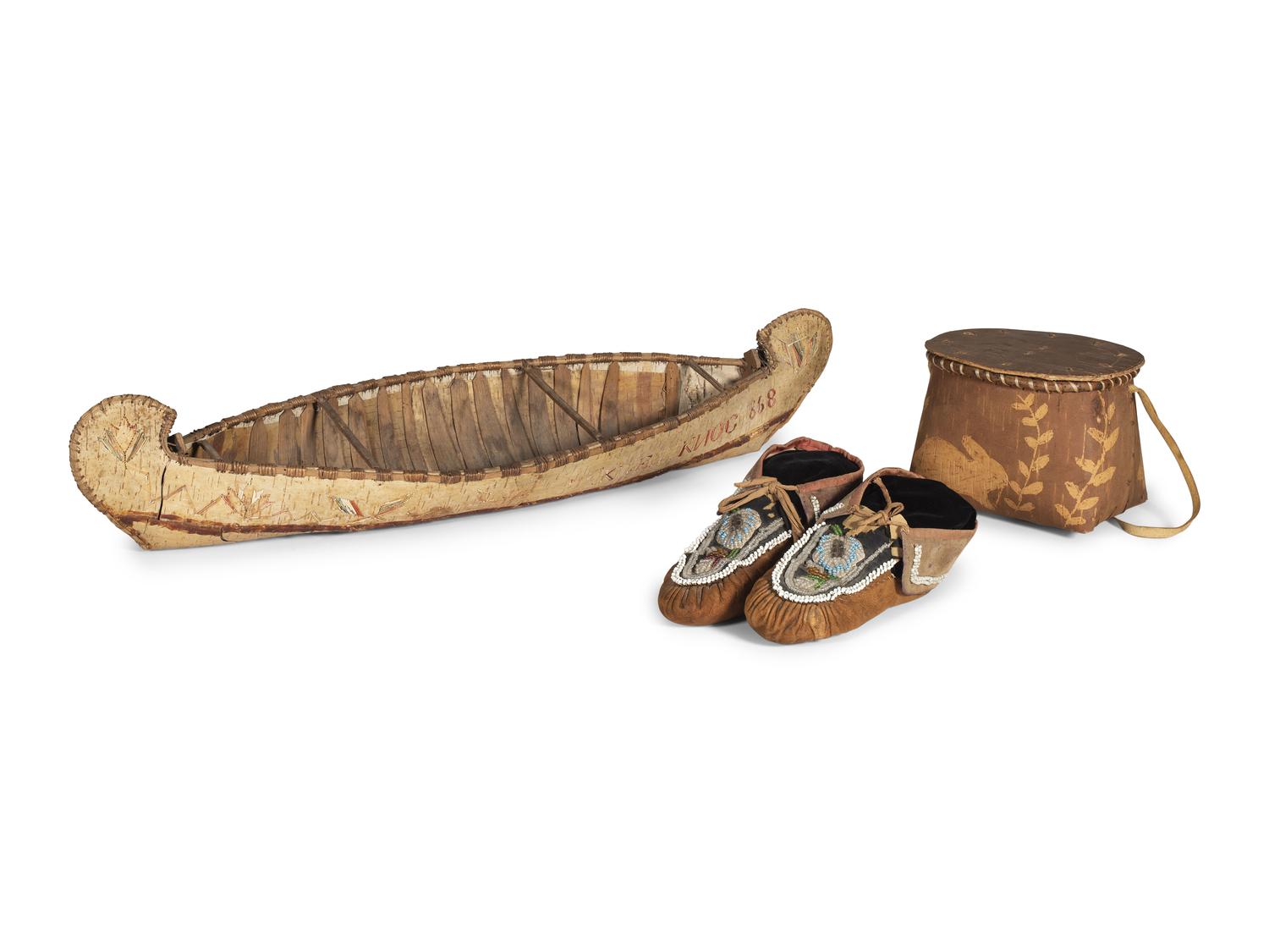 Great Lakes Birchbark Canoe, Basket, and Moccasins