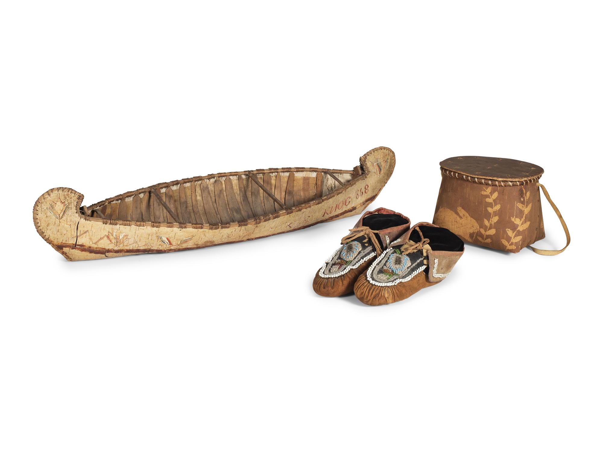 Great Lakes Birchbark Canoe, Basket, and Moccasins