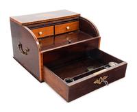 A Regency Marquetry and Parquetry Decorated Mahogany Tambour-Front Writing Box