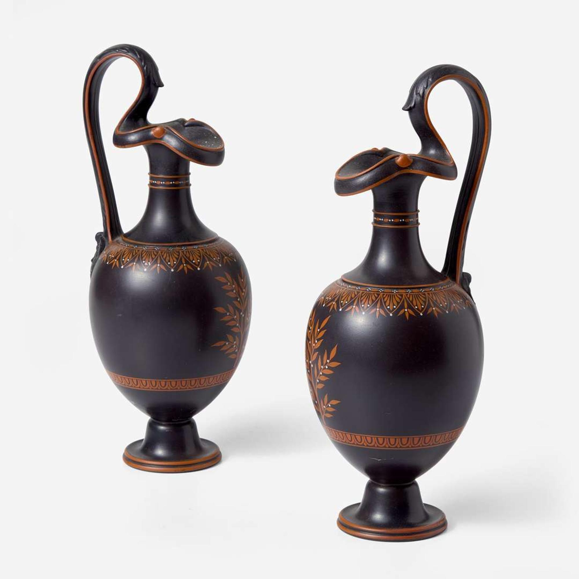 A Pair of Wedgwood Encaustic-decorated Black Basalt Oenochoe UK, circa 1795