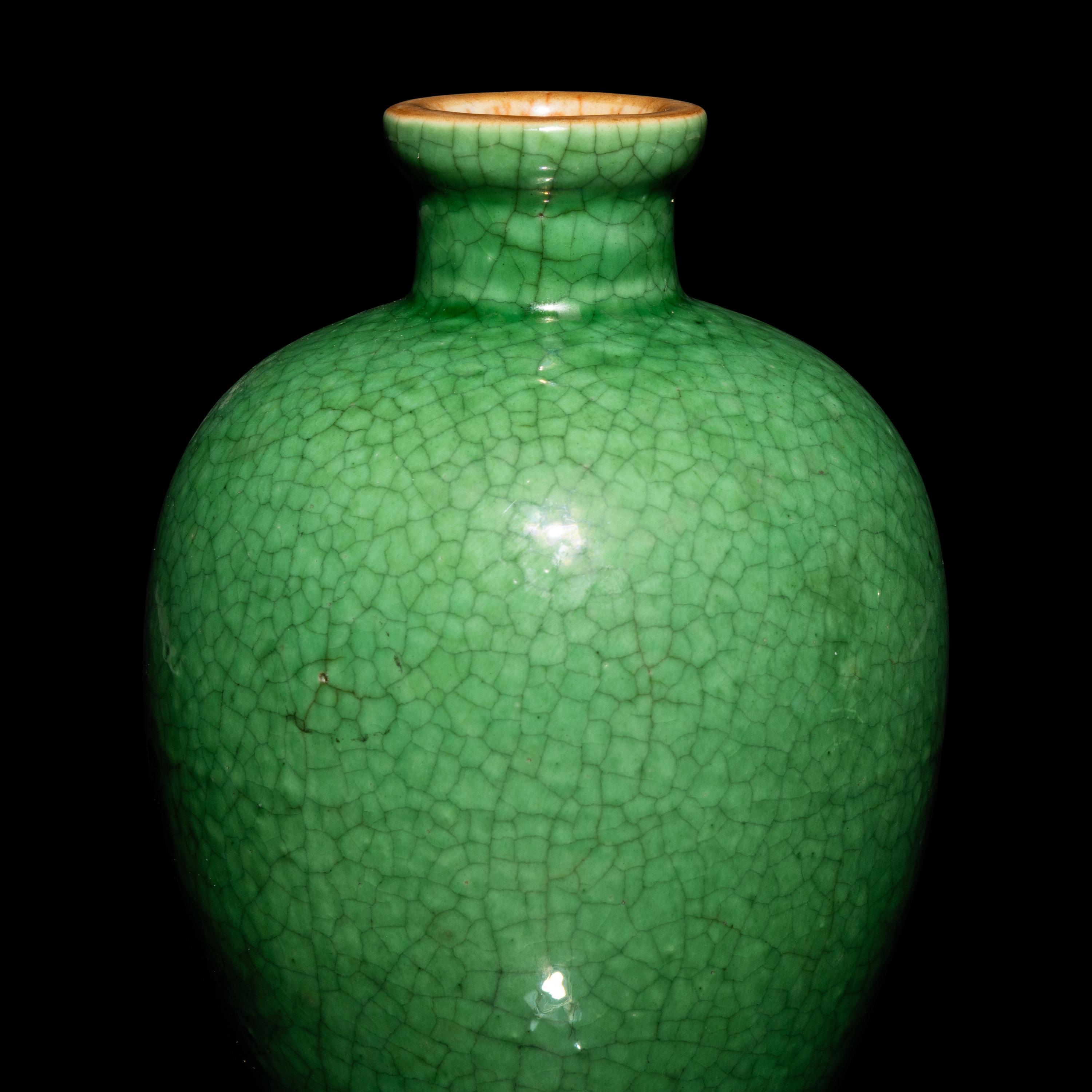 A Pair of Small Chinese Crackled Ground Green Glazed Meiping Vases, Late Qing Dynasty — 清晚期 綠釉開片小梅瓶一對