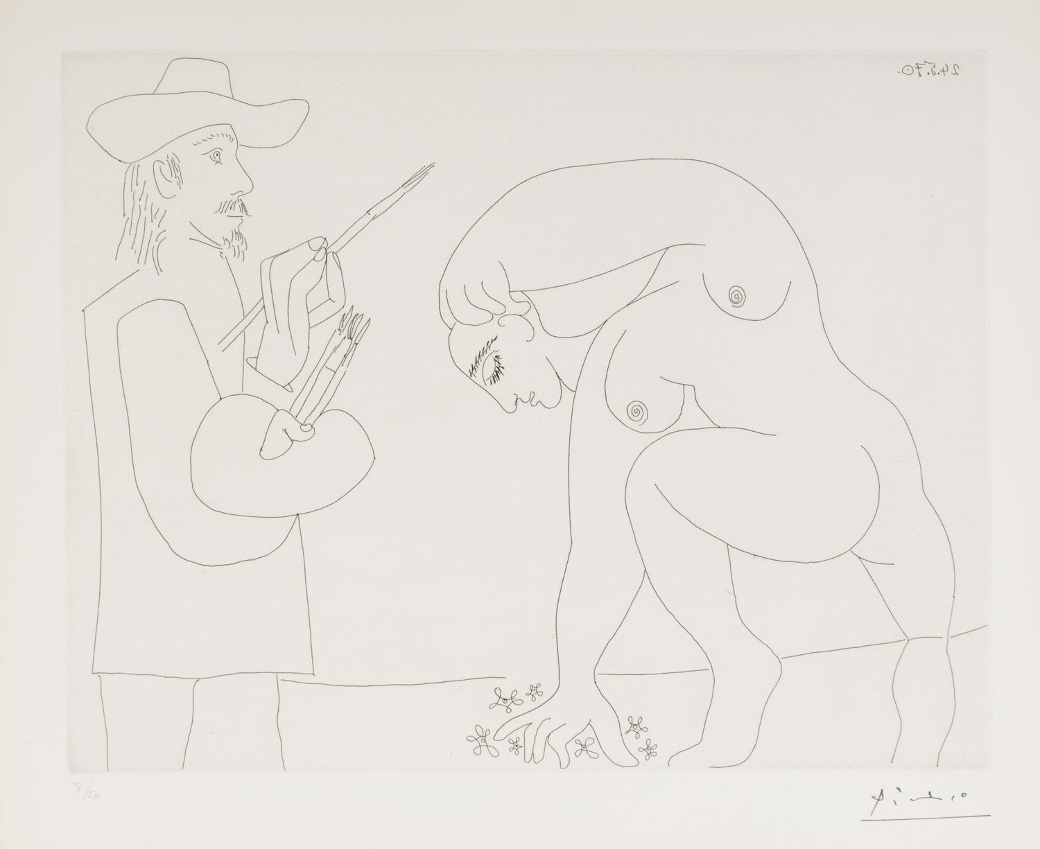 Peintre et femme cueillant des fleurs (plate 56 from Séries 156 ), 1970