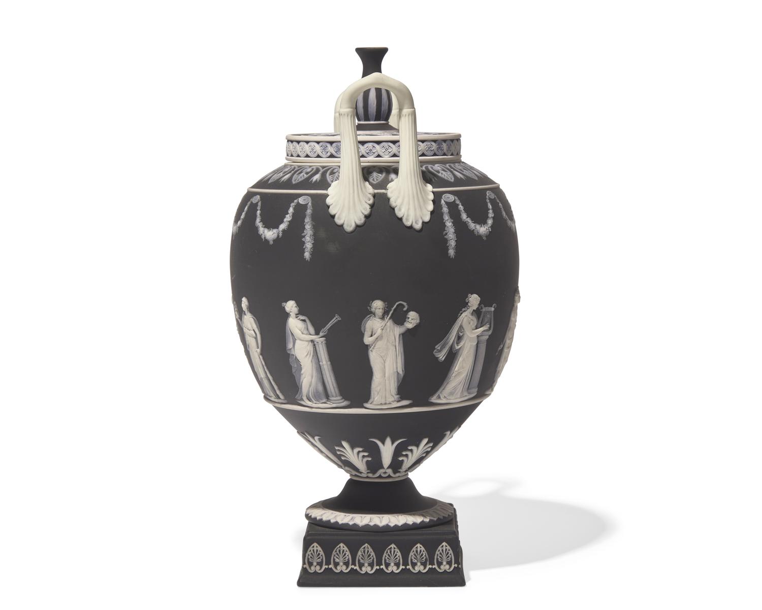 A Wedgwood Black Jasperware Twin-Handled Covered Urn