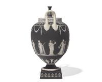 A Wedgwood Black Jasperware Twin-Handled Covered Urn