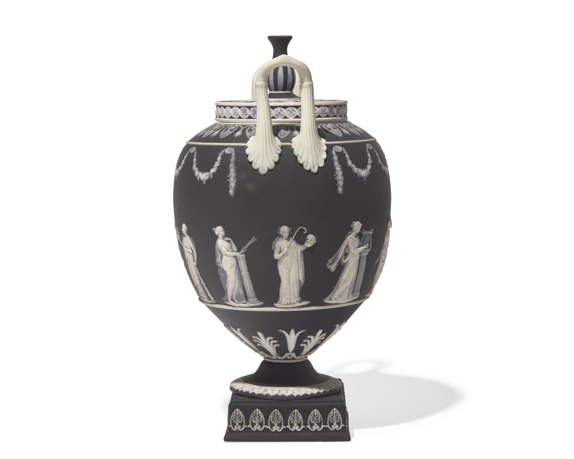 A Wedgwood Black Jasperware Twin-Handled Covered Urn