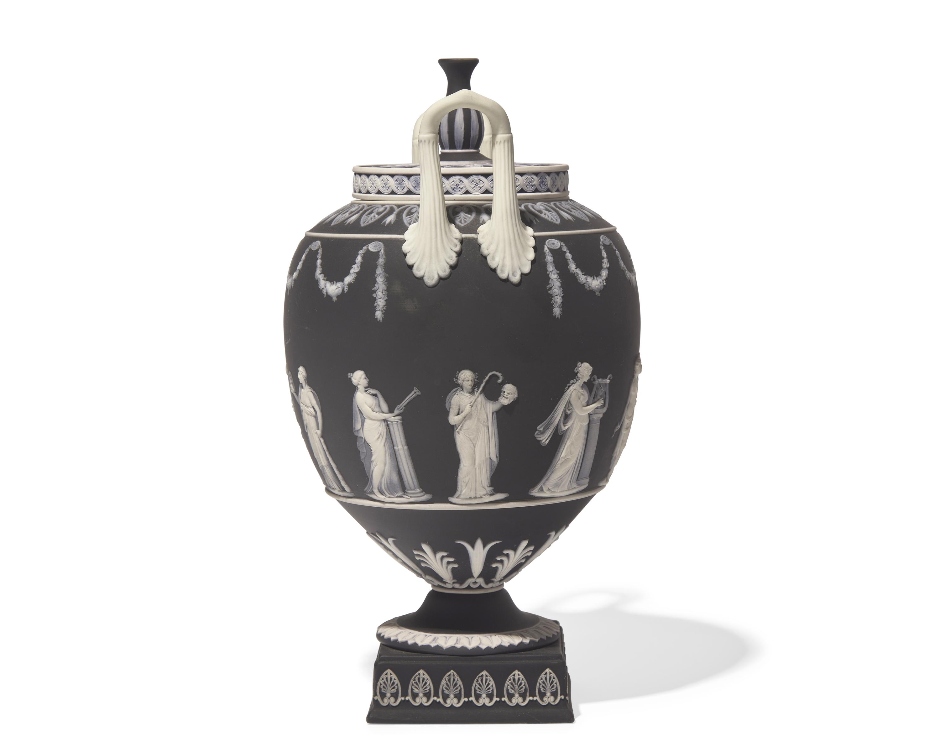 A Wedgwood Black Jasperware Twin-Handled Covered Urn