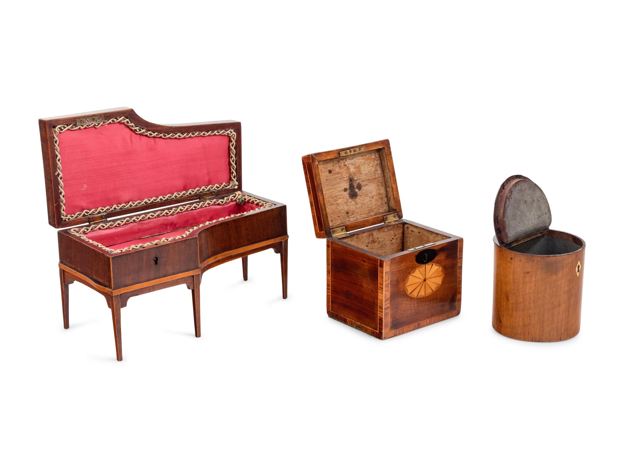 A George III Mahogany Piano-Form Box and Two Tea Caddies