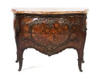A Louis XV Style Gilt Bronze Mounted Marquetry Bombe Commode, Height 34 x width 45 1/2 x depth 24 inches.