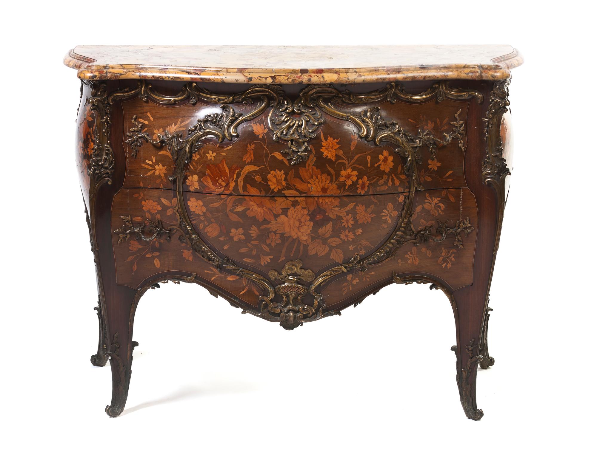 A Louis XV Style Gilt Bronze Mounted Marquetry Bombe Commode, Height 34 x width 45 1/2 x depth 24 inches.