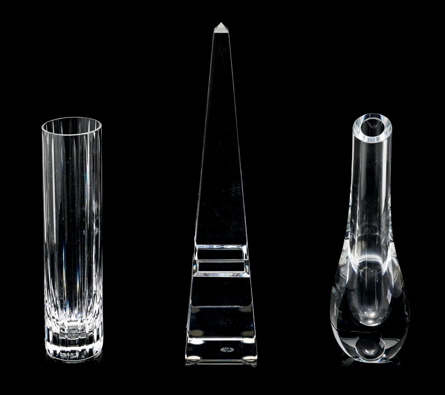 A Baccarat Obelisk and Two Baccarat Bud Vases Height of obelisk 10 inches.
