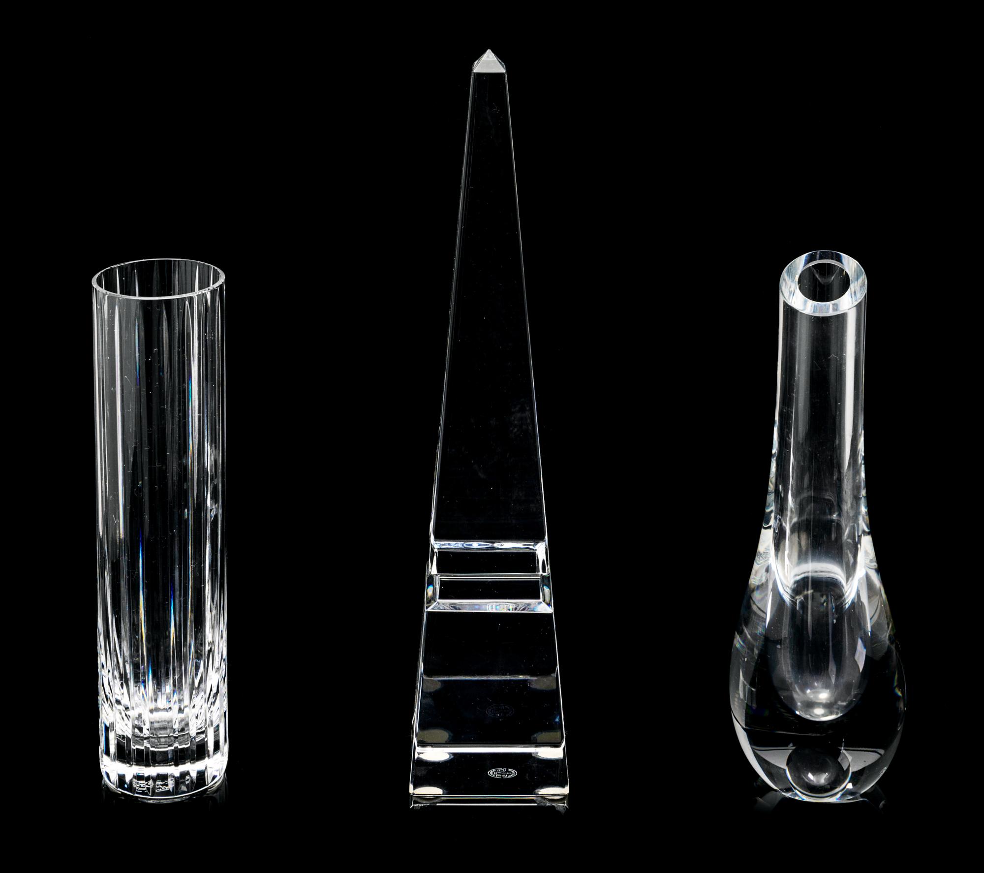 A Baccarat Obelisk and Two Baccarat Bud Vases Height of obelisk 10 inches.