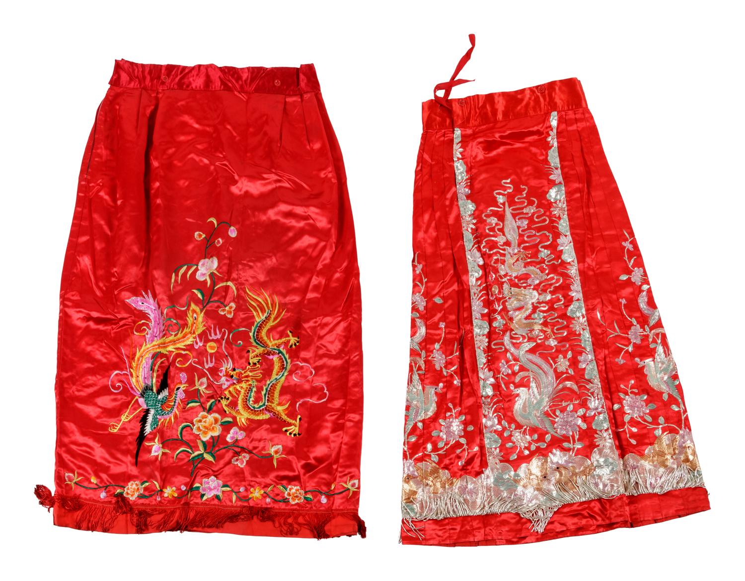 A Chinese Embroidered Silk Wedding Gown and Skirt