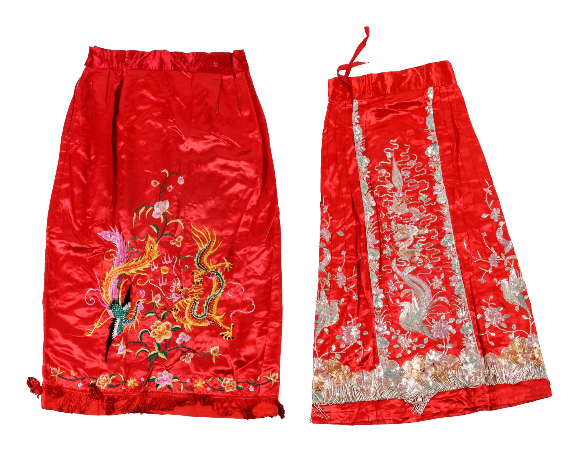 A Chinese Embroidered Silk Wedding Gown and Skirt