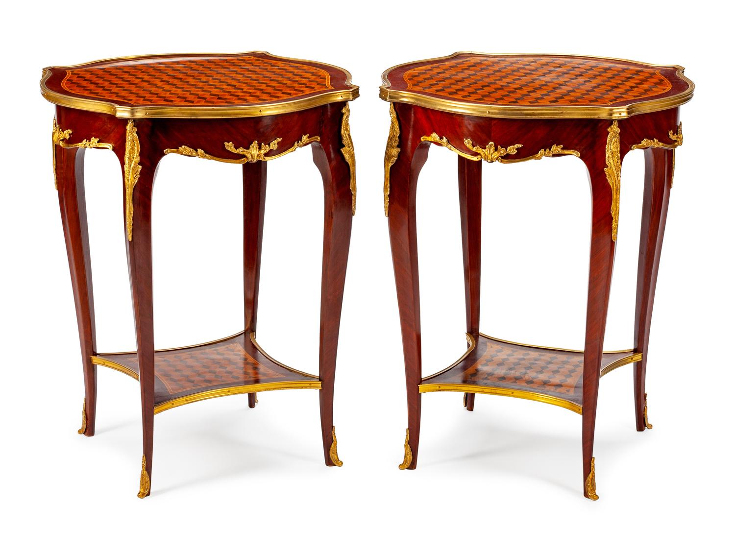 A Pair of Louis XV Style Gilt-Bronze-Mounted Parquetry Gueridons