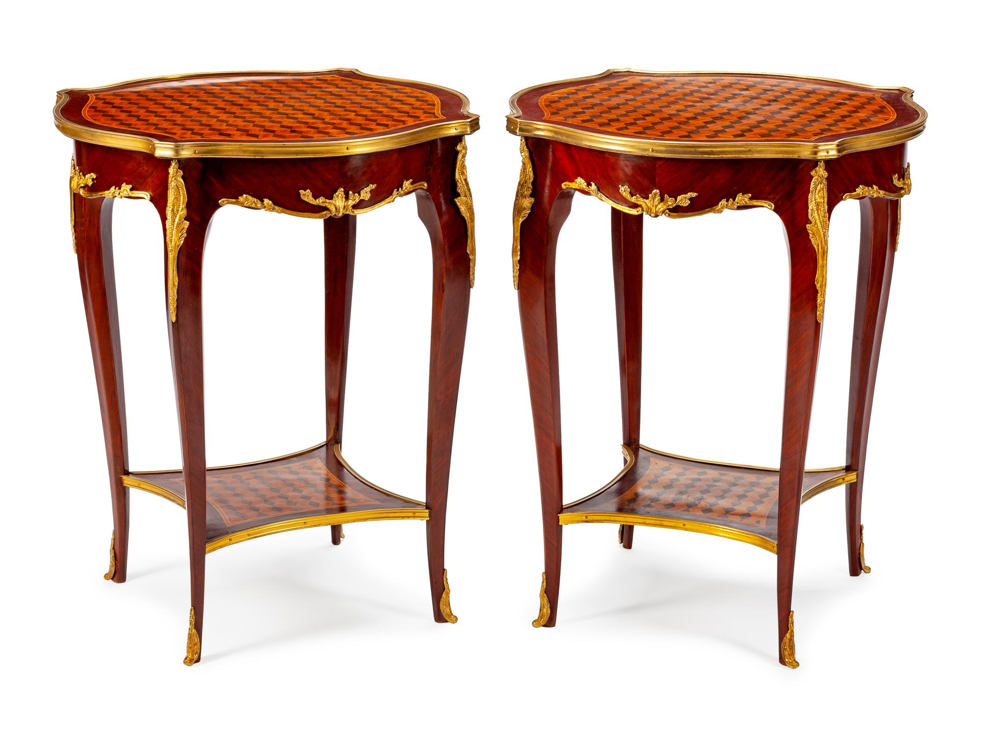 A Pair of Louis XV Style Gilt-Bronze-Mounted Parquetry Gueridons