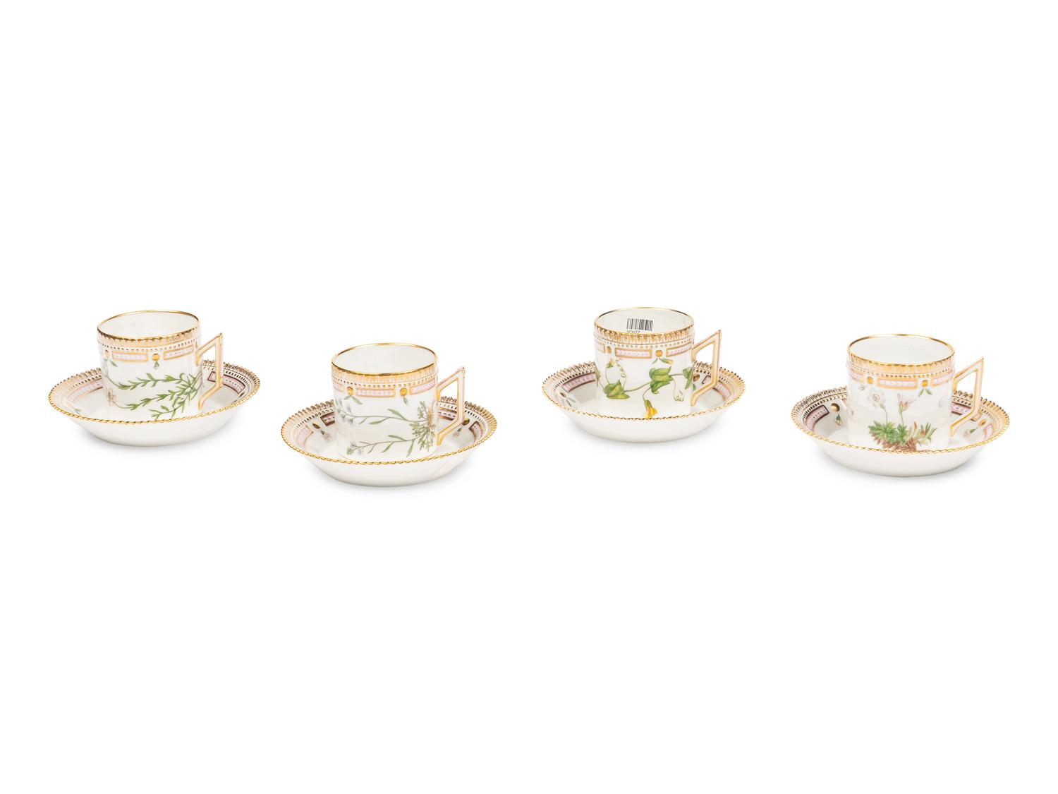 A Set of Four Royal Copenhagen Flora Danica Porcelain Coffee Cups and Saucers