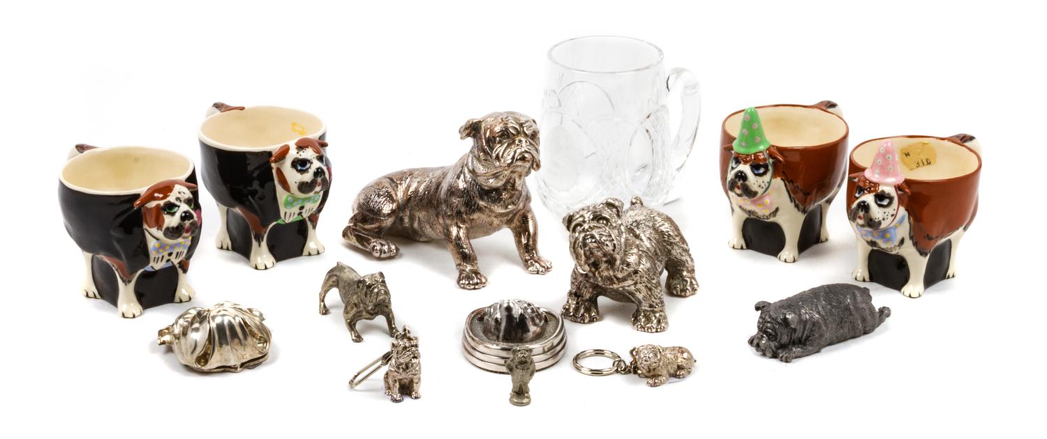 A Group of Fourteen Bulldog Figures and Cups Height of tallest 4 1/2 inches.