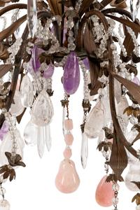 A French Bronze Chandelier with Rock Crystal, Amethyst and Rose Quartz Prisms