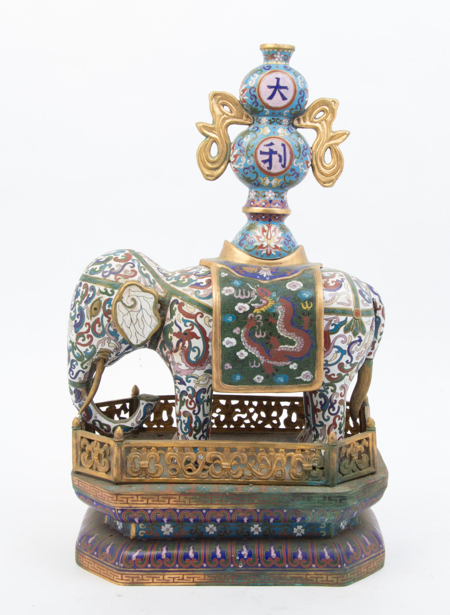 A Pair of Cloisonne Models of Elephants Width 12 1/2 inches.