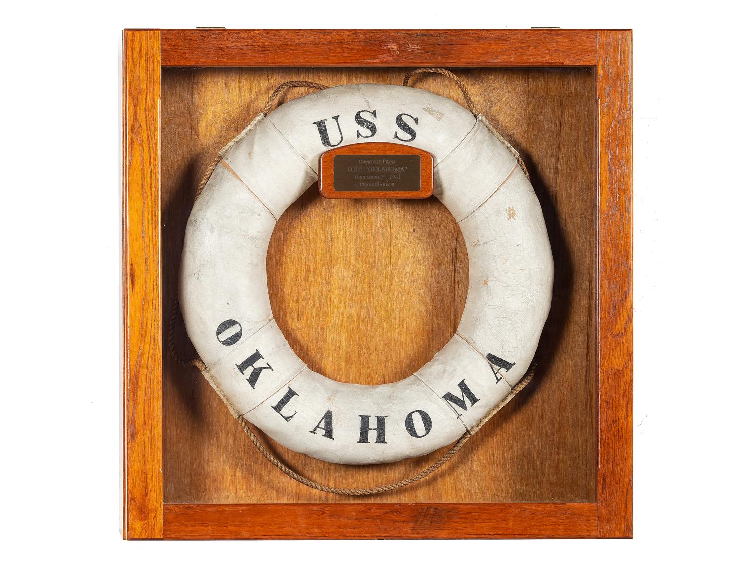 [WORLD WAR II]. USS Oklahoma life ring, ship sunk at Pearl Harbor.