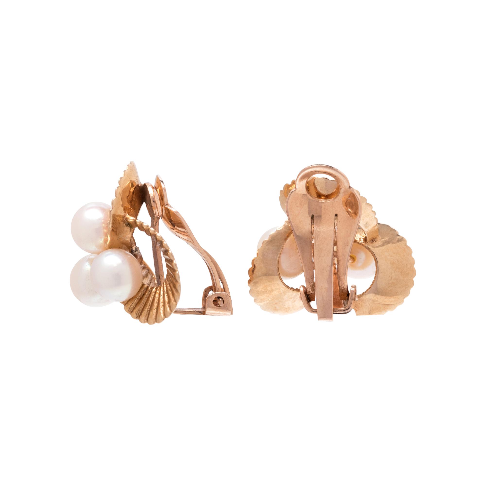 YELLOW GOLD AND CULTURED PEARL EARCLIPS