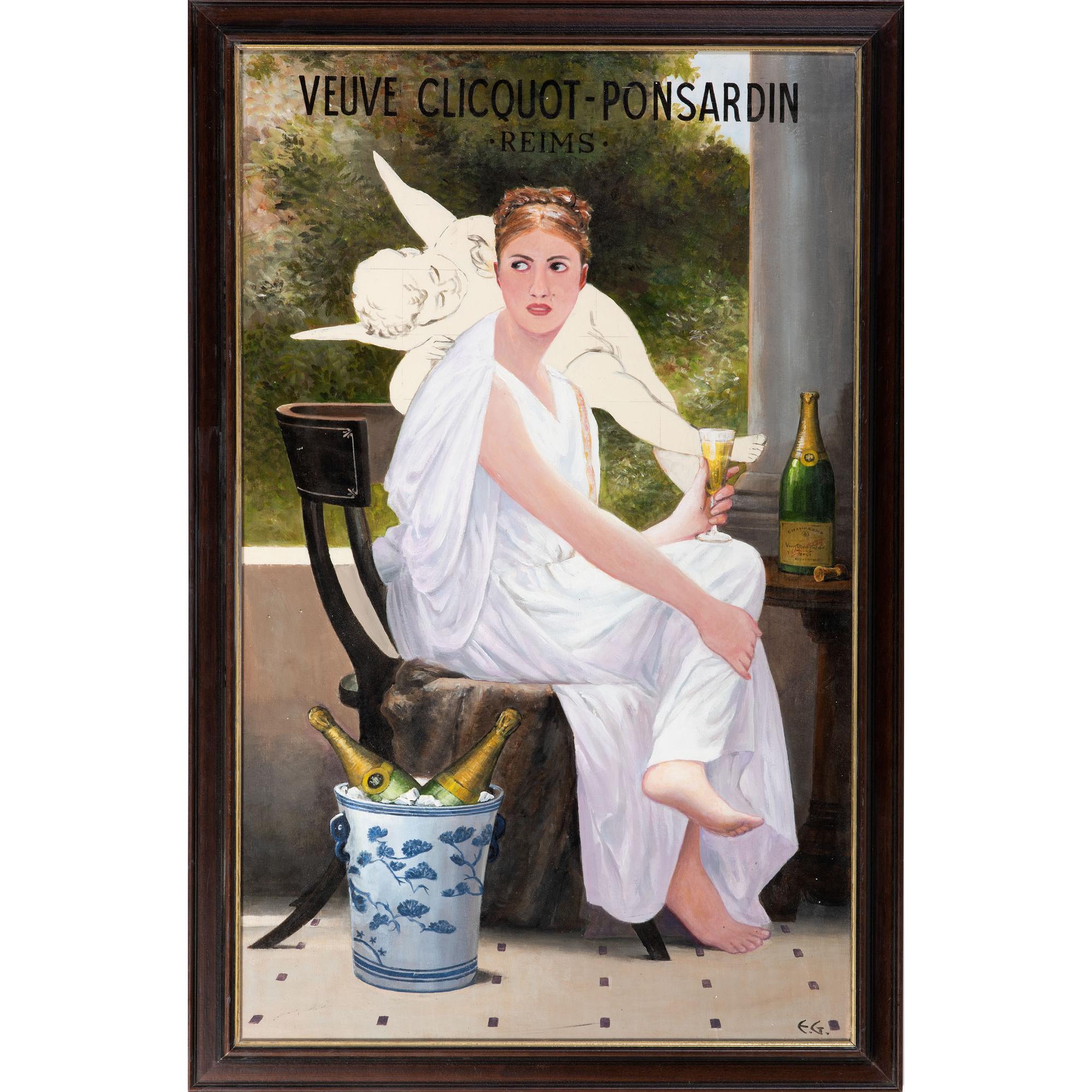 A Veuve Cliquot-Ponsardin Champagne Painted Advertising Sign, After Bouguereau