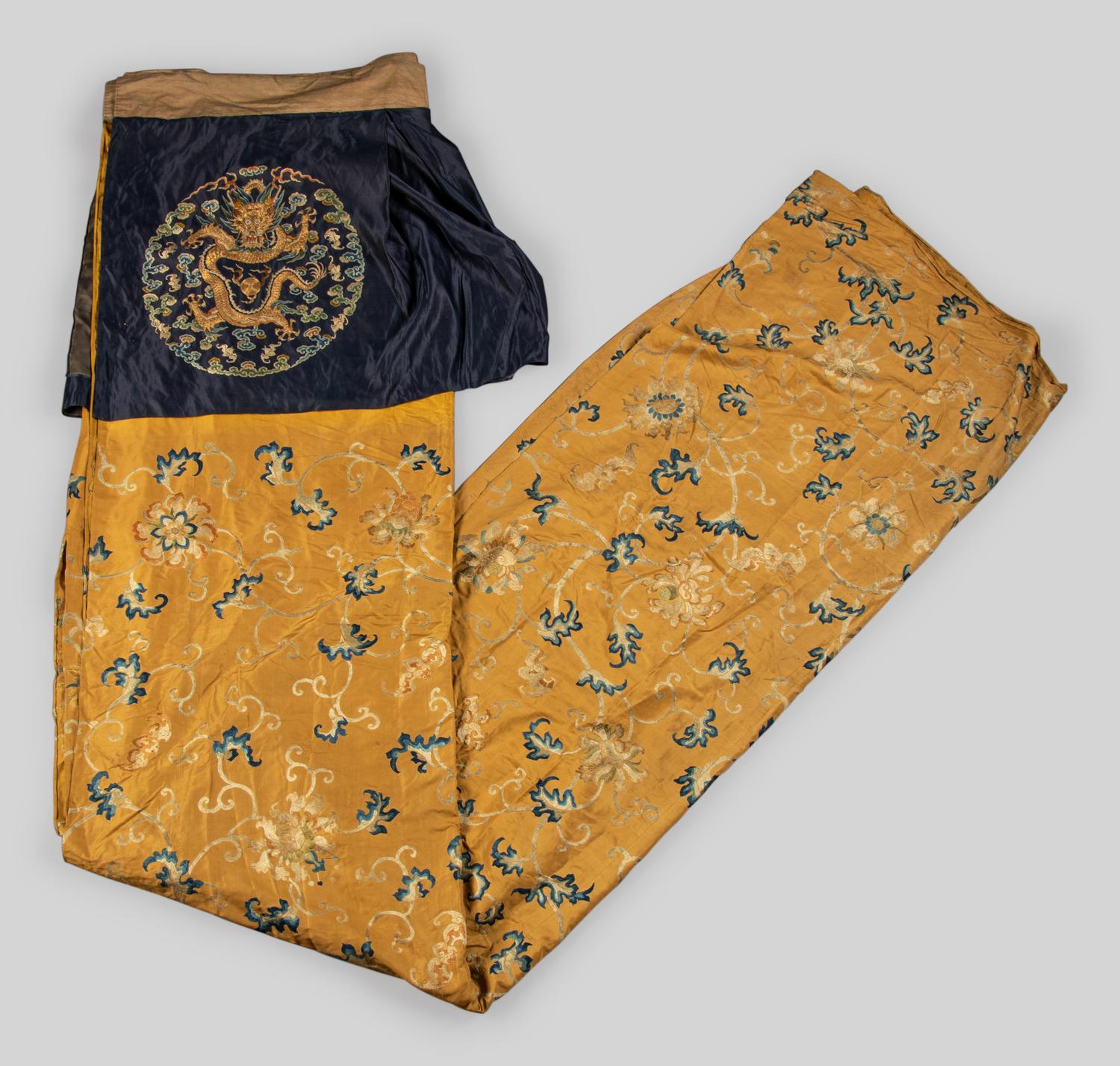 A Large Yellow Ground Embroidered Silk 'Dragon' Curtain