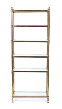 A Neoclassical Style Brass Etagere Height 75 x width 30 x depth 13 3/4 inches.